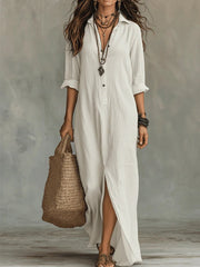 Lieke | Dames Lange Mouwen Maxi Blousejurk Luchtige Knoop Overhemdsjurk