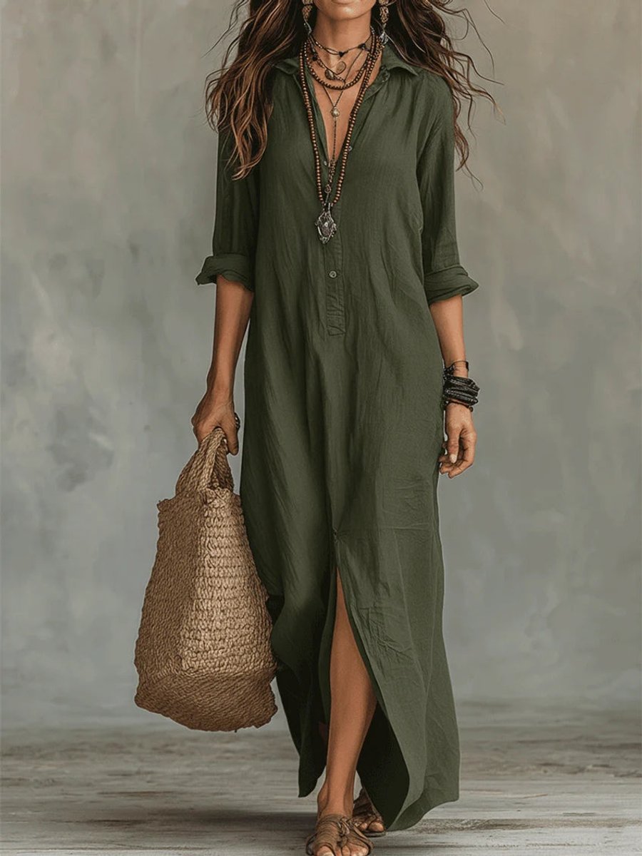 Lieke | Dames Lange Mouwen Maxi Blousejurk Luchtige Knoop Overhemdsjurk