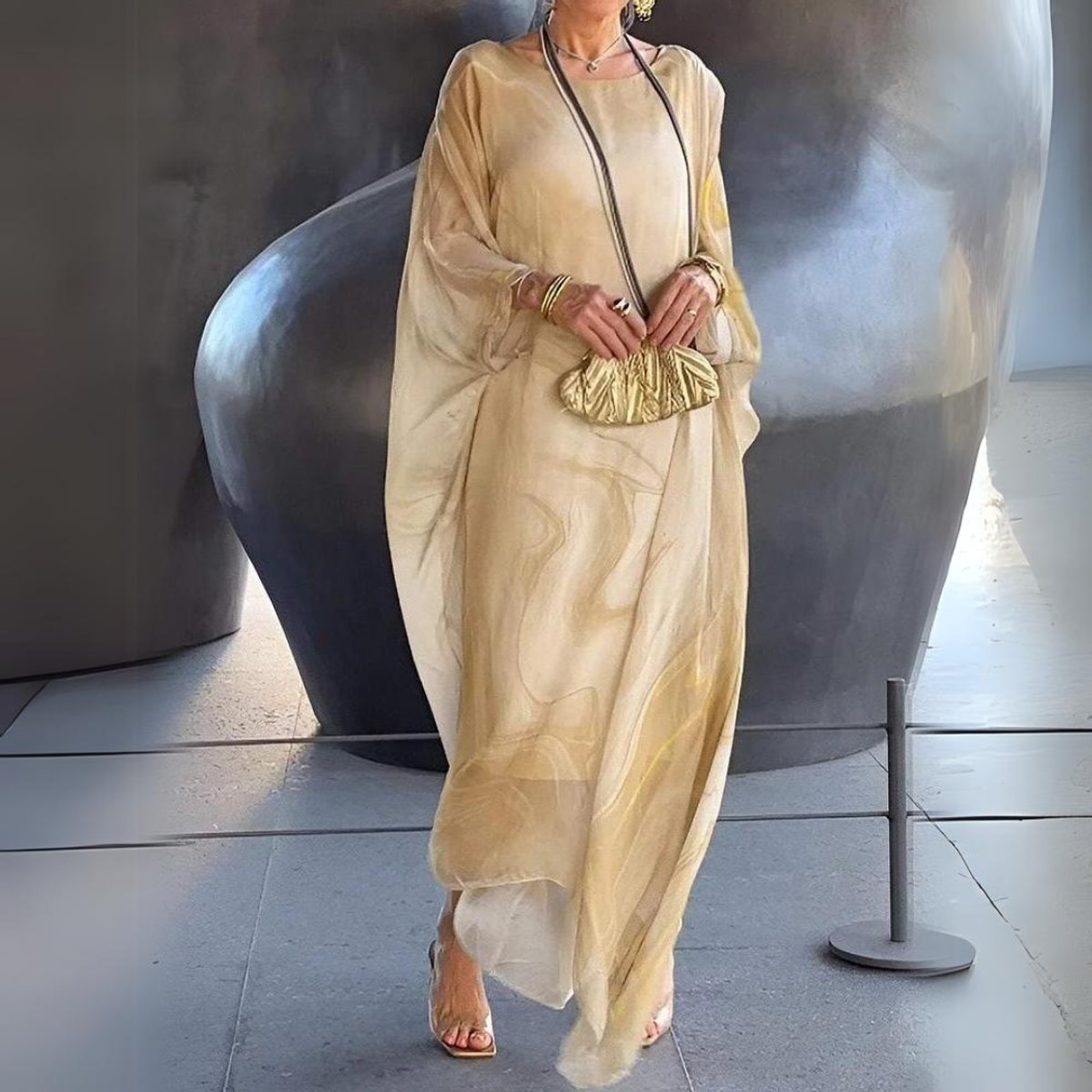 Julia | Dames Lange Mouwen Maxi Jurk Vloeiende Polyester Ronde Hals
