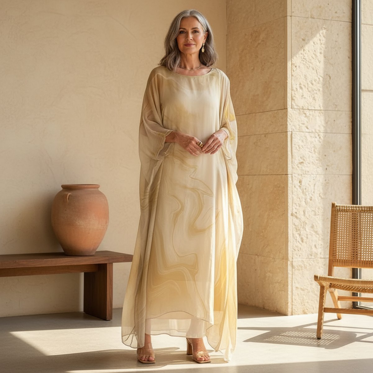 Julia | Dames Lange Mouwen Maxi Jurk Vloeiende Polyester Ronde Hals