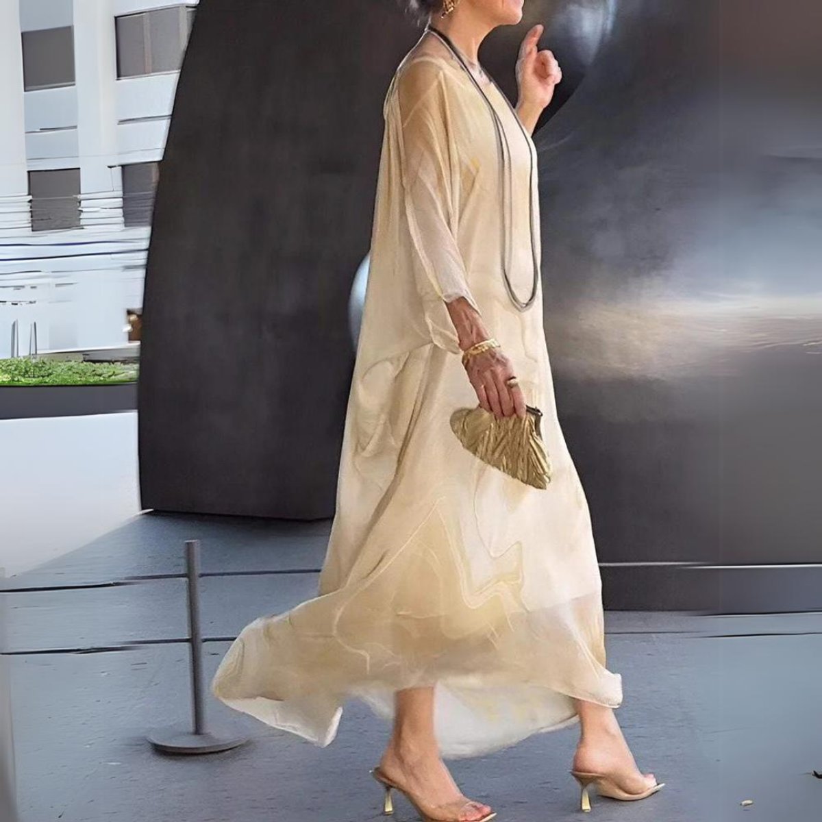 Julia | Dames Lange Mouwen Maxi Jurk Vloeiende Polyester Ronde Hals