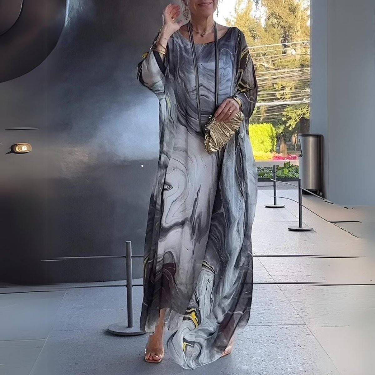 Julia | Dames Lange Mouwen Maxi Jurk Vloeiende Polyester Ronde Hals