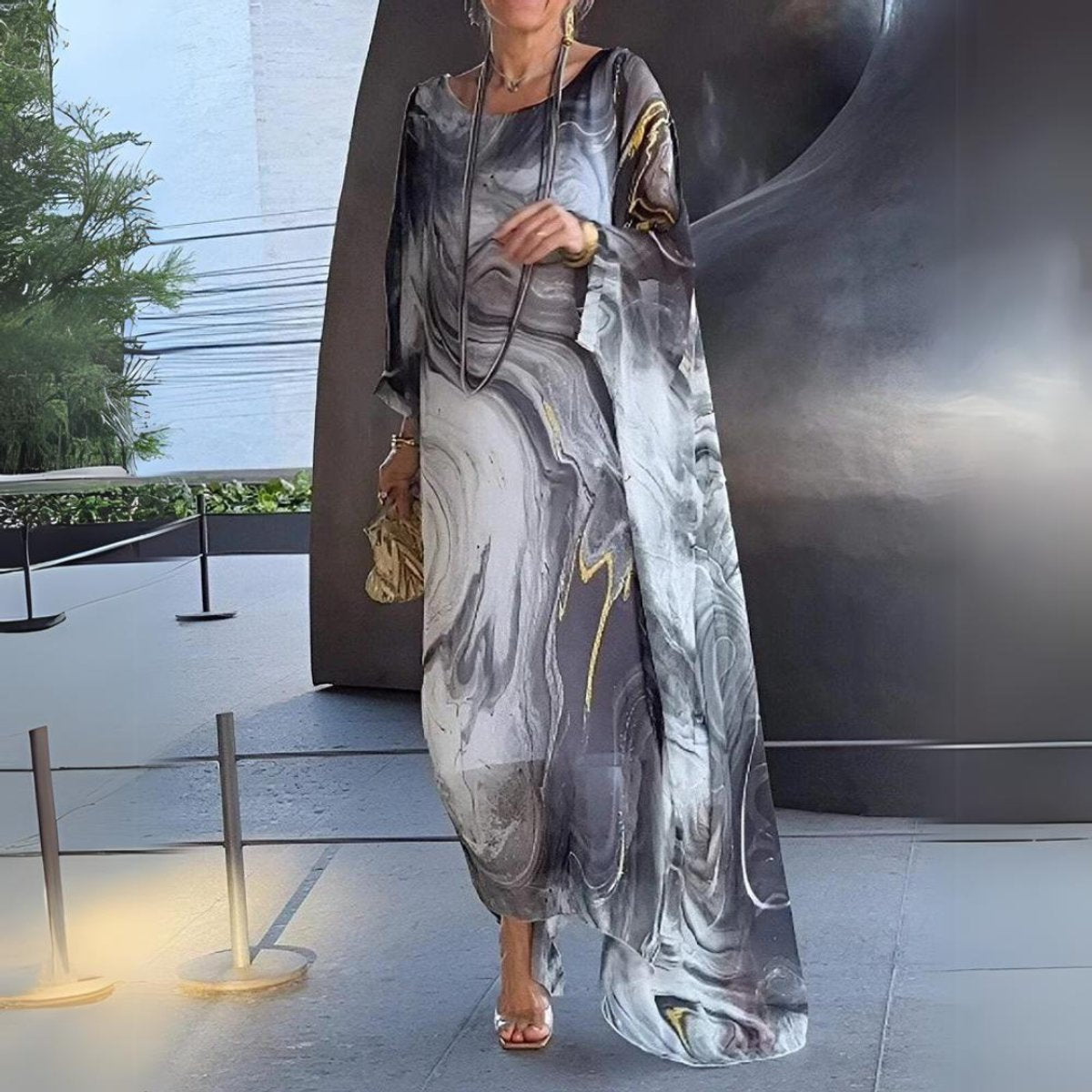Julia | Dames Lange Mouwen Maxi Jurk Vloeiende Polyester Ronde Hals