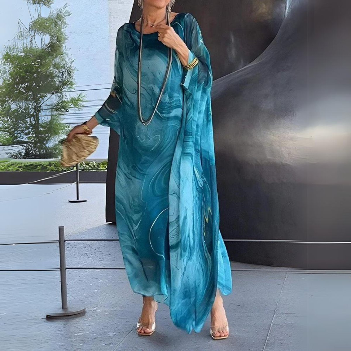 Julia | Dames Lange Mouwen Maxi Jurk Vloeiende Polyester Ronde Hals