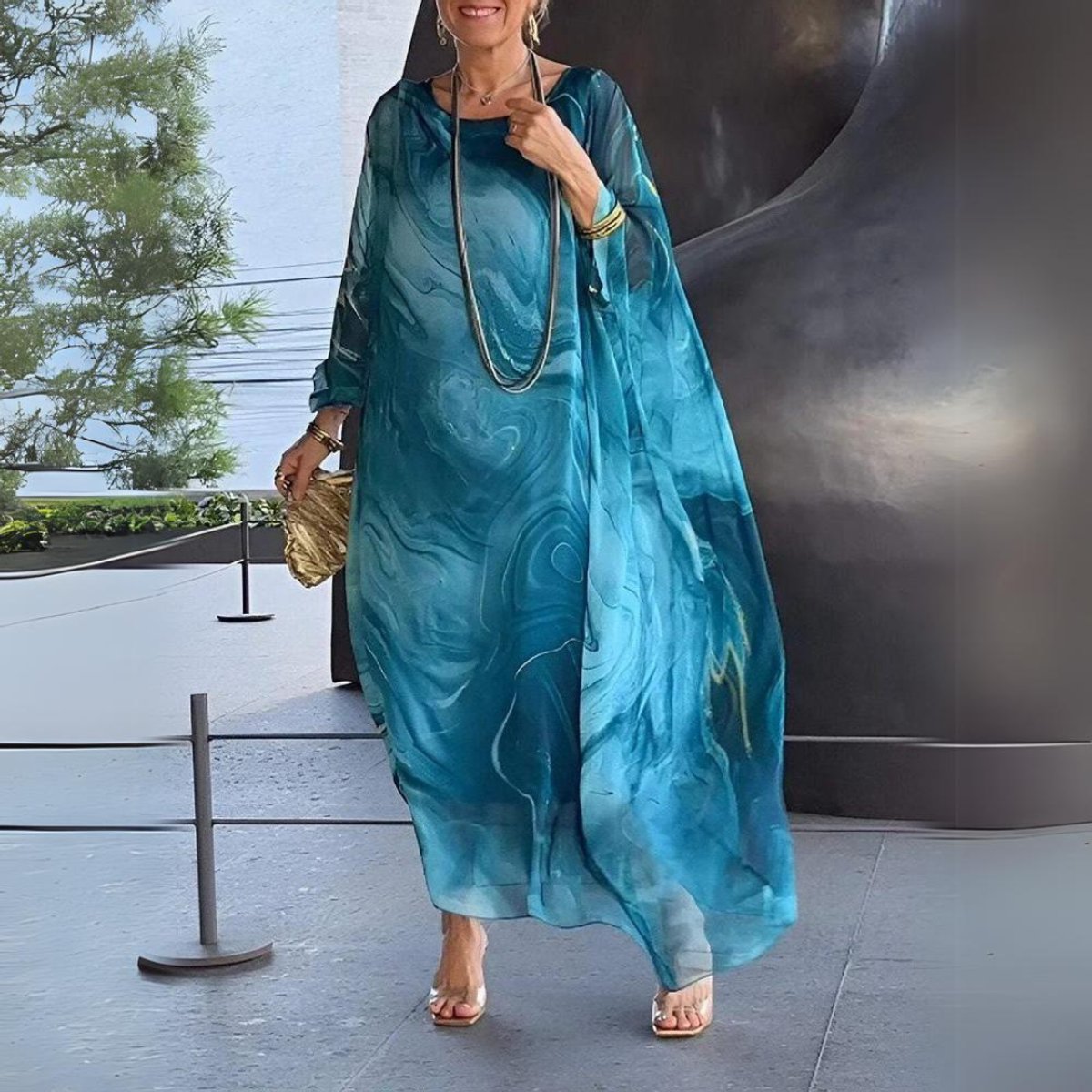 Julia | Dames Lange Mouwen Maxi Jurk Vloeiende Polyester Ronde Hals
