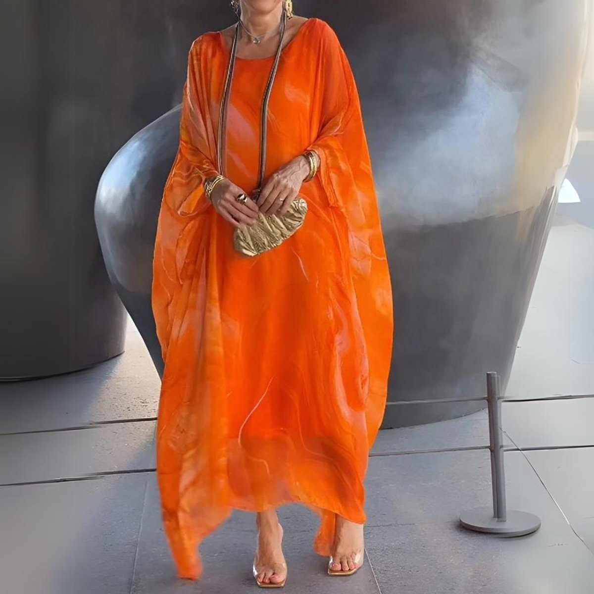 Julia | Dames Lange Mouwen Maxi Jurk Vloeiende Polyester Ronde Hals
