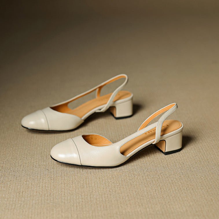 Sanne | Dames Lederen Slingback Pumps met Amandelneus en Blokhak