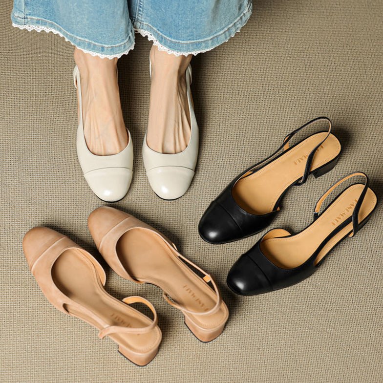 Sanne | Dames Lederen Slingback Pumps met Amandelneus en Blokhak