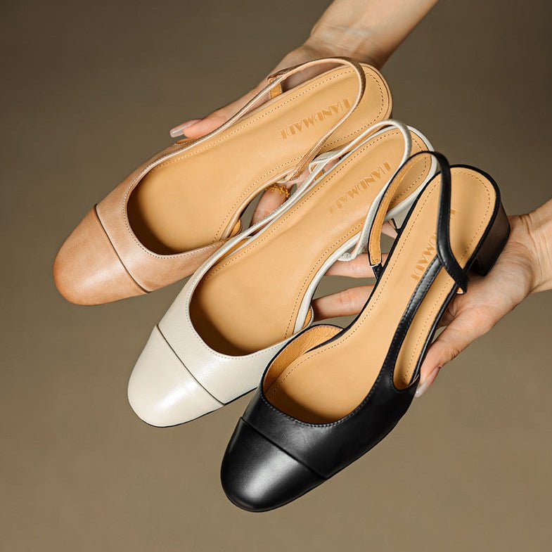 Sanne | Dames Lederen Slingback Pumps met Amandelneus en Blokhak
