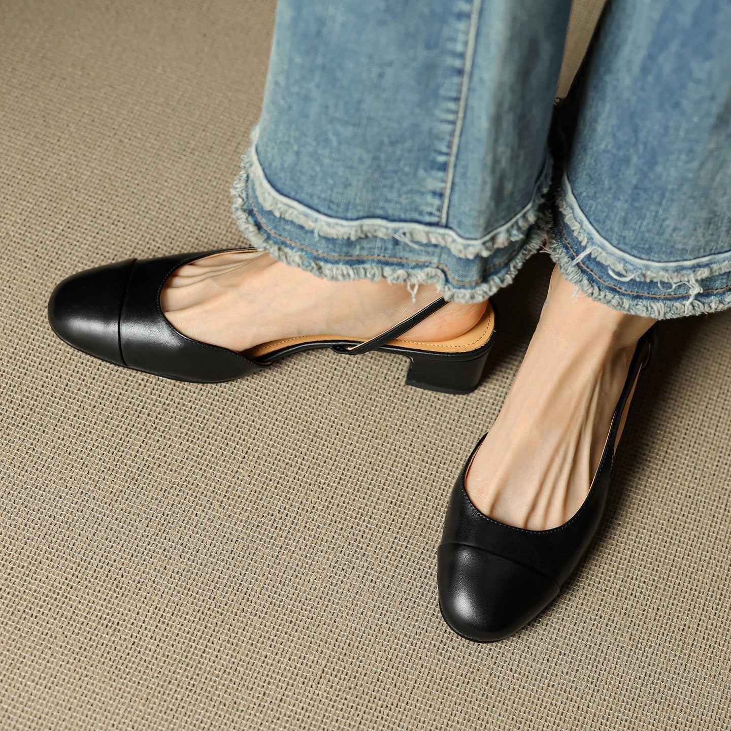 Sanne | Dames Lederen Slingback Pumps met Amandelneus en Blokhak