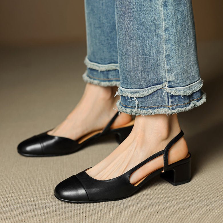 Sanne | Dames Lederen Slingback Pumps met Amandelneus en Blokhak