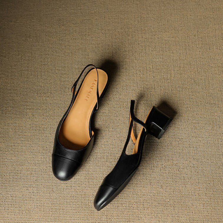 Sanne | Dames Lederen Slingback Pumps met Amandelneus en Blokhak