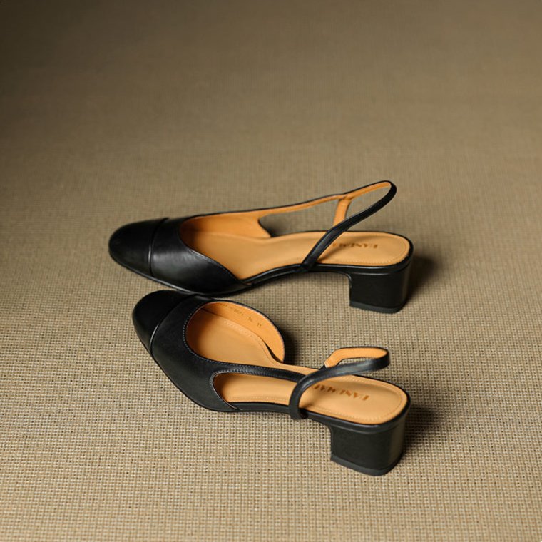 Sanne | Dames Lederen Slingback Pumps met Amandelneus en Blokhak