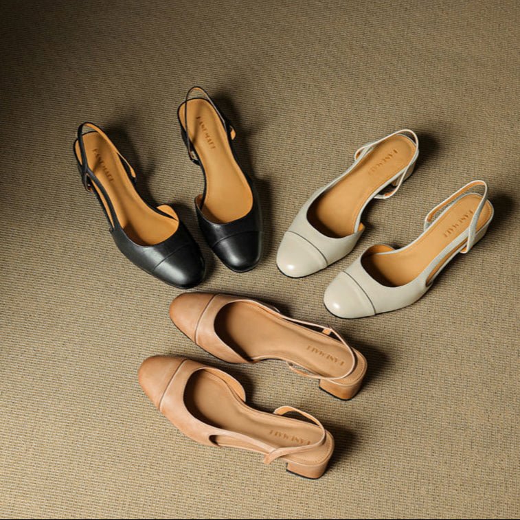 Sanne | Dames Lederen Slingback Pumps met Amandelneus en Blokhak