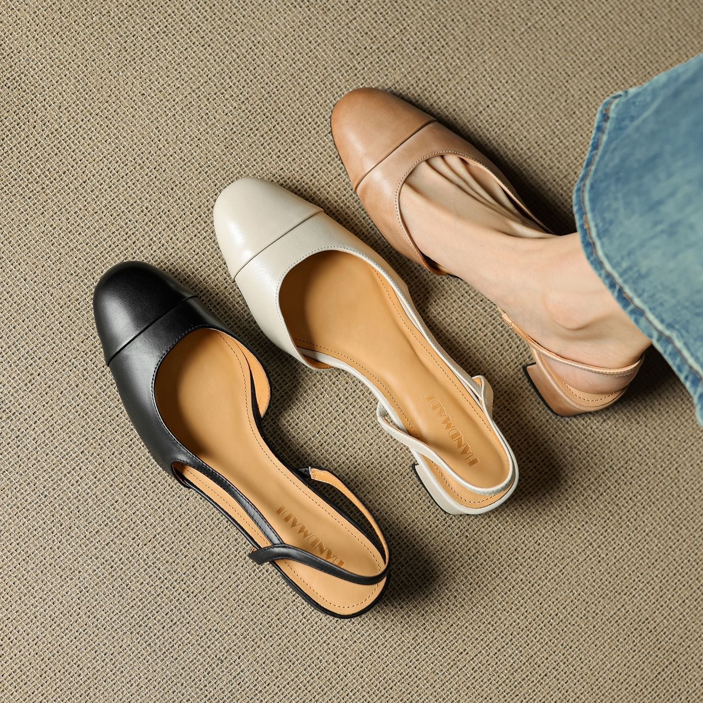 Sanne | Dames Lederen Slingback Pumps met Amandelneus en Blokhak
