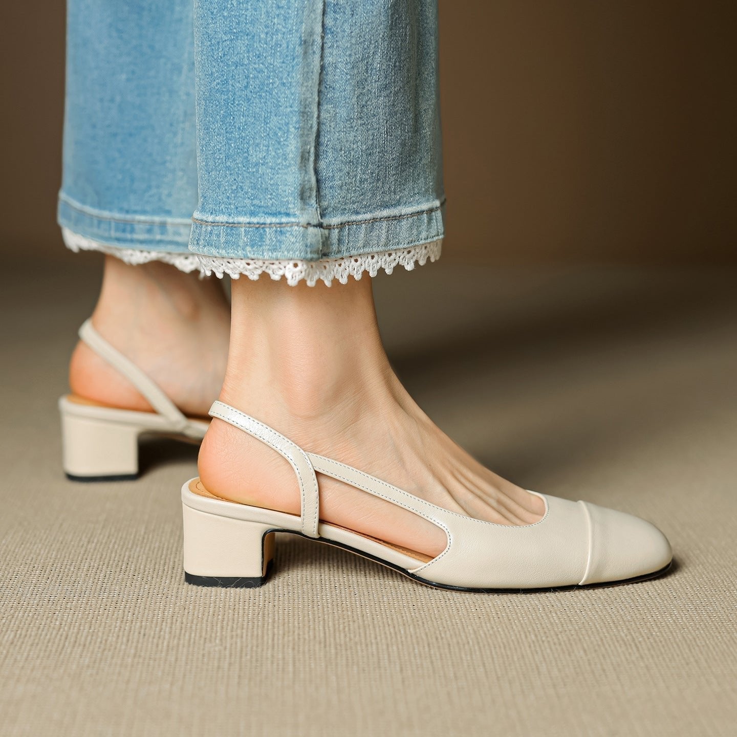 Sanne | Dames Lederen Slingback Pumps met Amandelneus en Blokhak