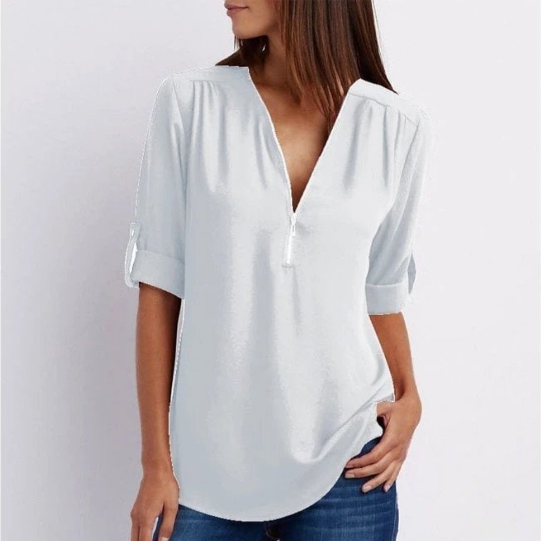 Fleur | Dames Lichtgewicht V-hals Blouse Oprolbare Mouwen Ritsluiting