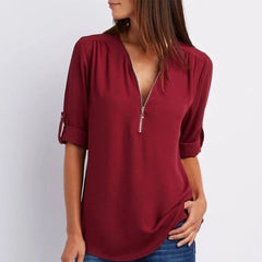 Fleur | Dames Lichtgewicht V-hals Blouse Oprolbare Mouwen Ritsluiting