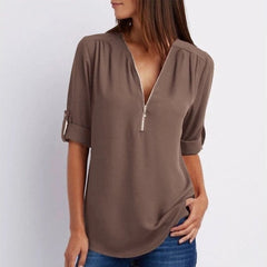 Fleur | Dames Lichtgewicht V-hals Blouse Oprolbare Mouwen Ritsluiting