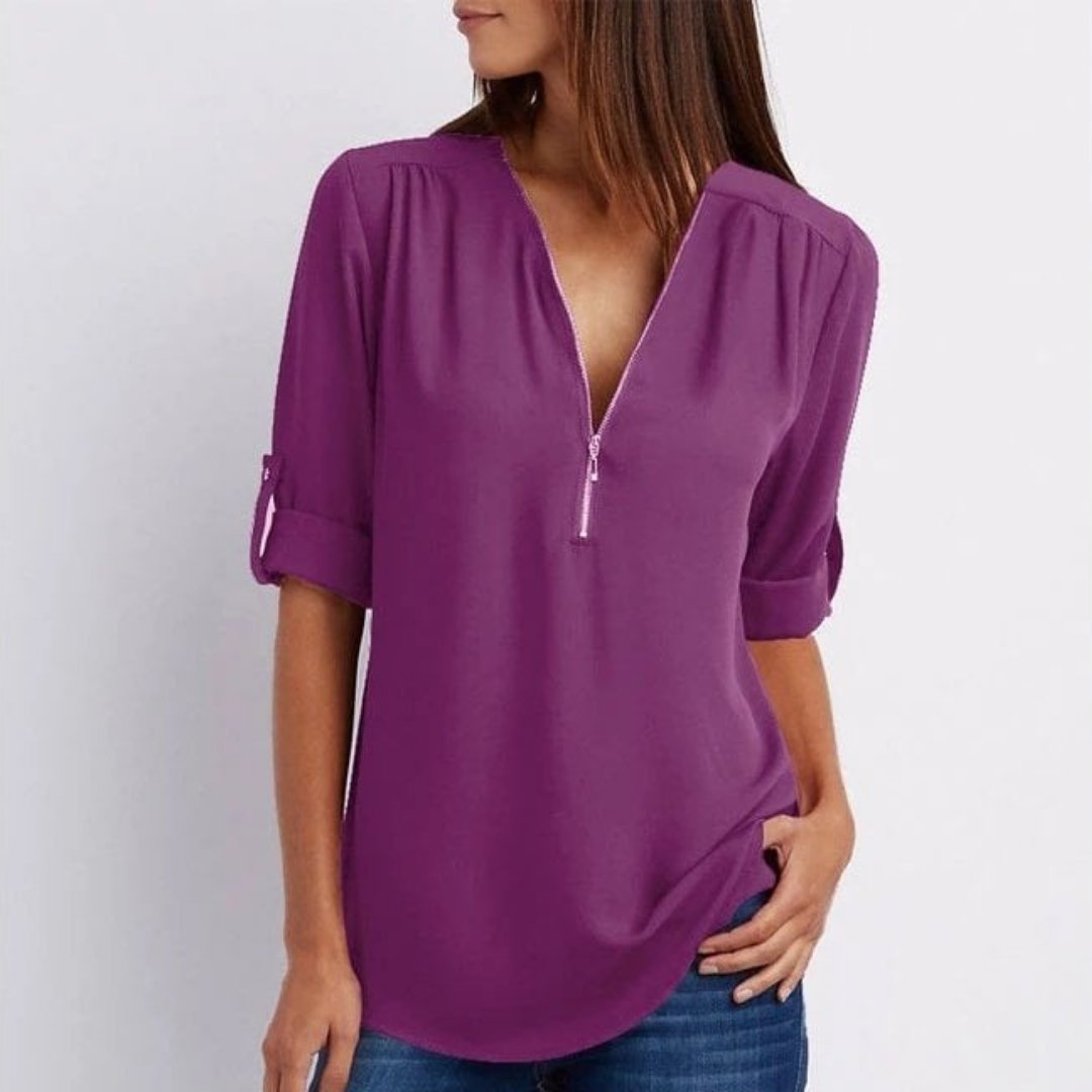 Fleur | Dames Lichtgewicht V-hals Blouse Oprolbare Mouwen Ritsluiting