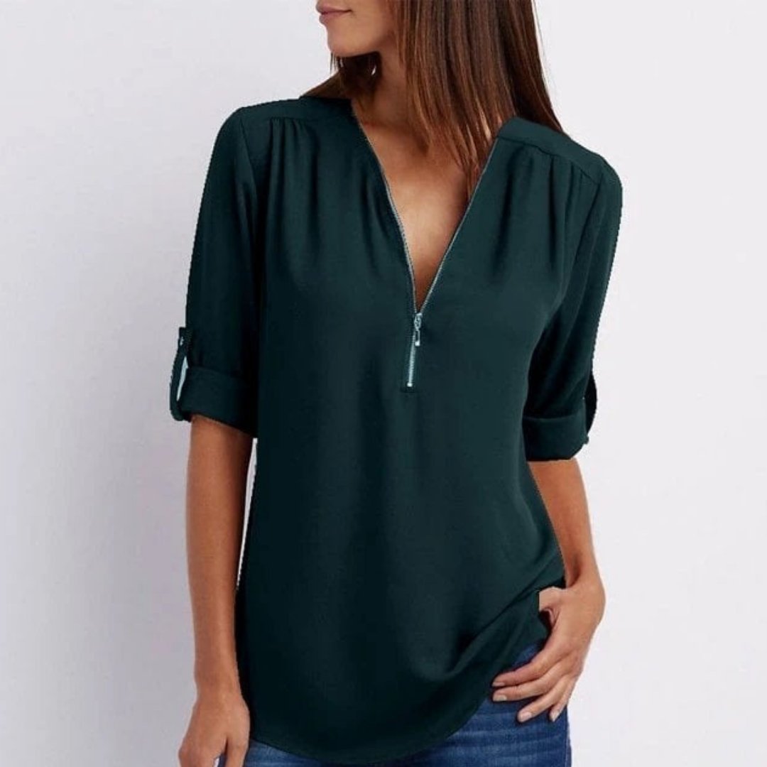 Fleur | Dames Lichtgewicht V-hals Blouse Oprolbare Mouwen Ritsluiting