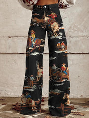 Roos | Dames Linen-Look Western Print Wijde Denim Broek Hoge Taille
