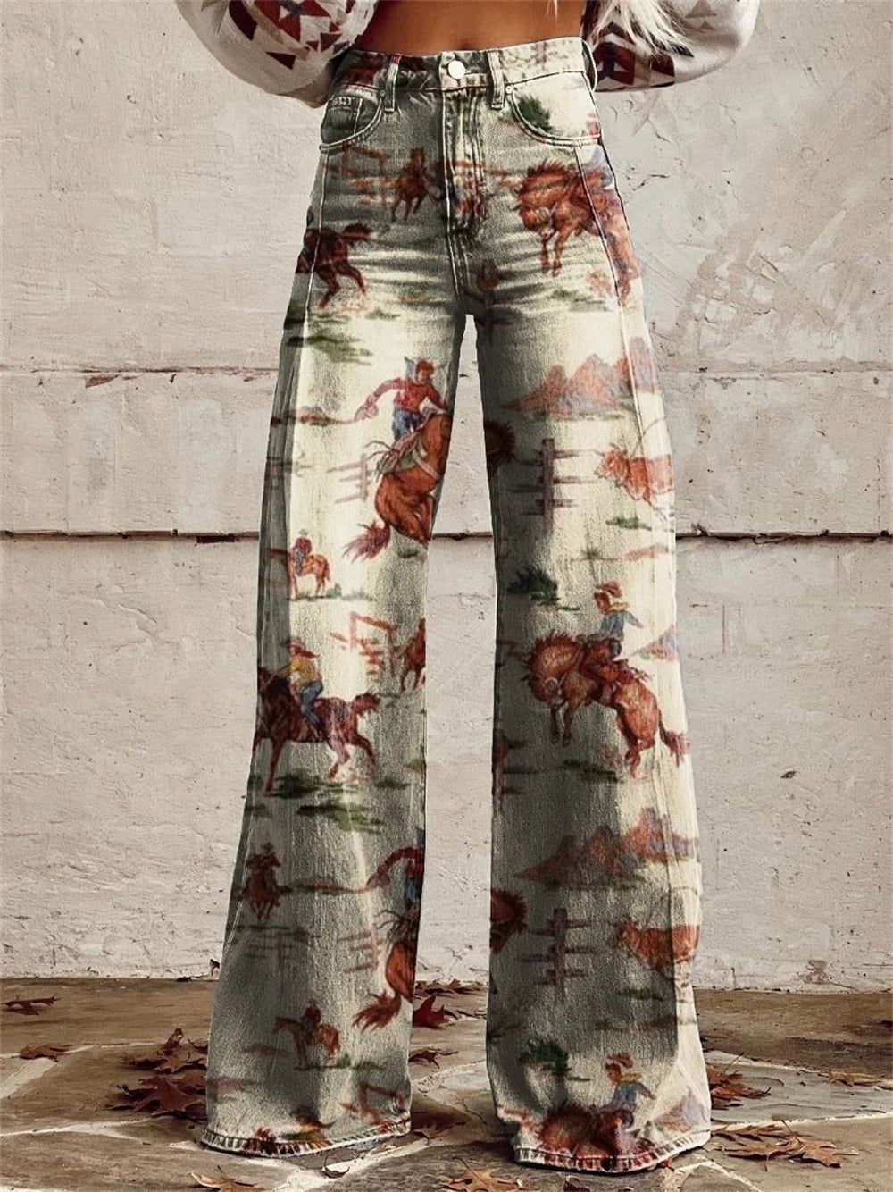 Roos | Dames Linen-Look Western Print Wijde Denim Broek Hoge Taille