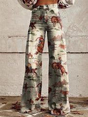 Roos | Dames Linen-Look Western Print Wijde Denim Broek Hoge Taille