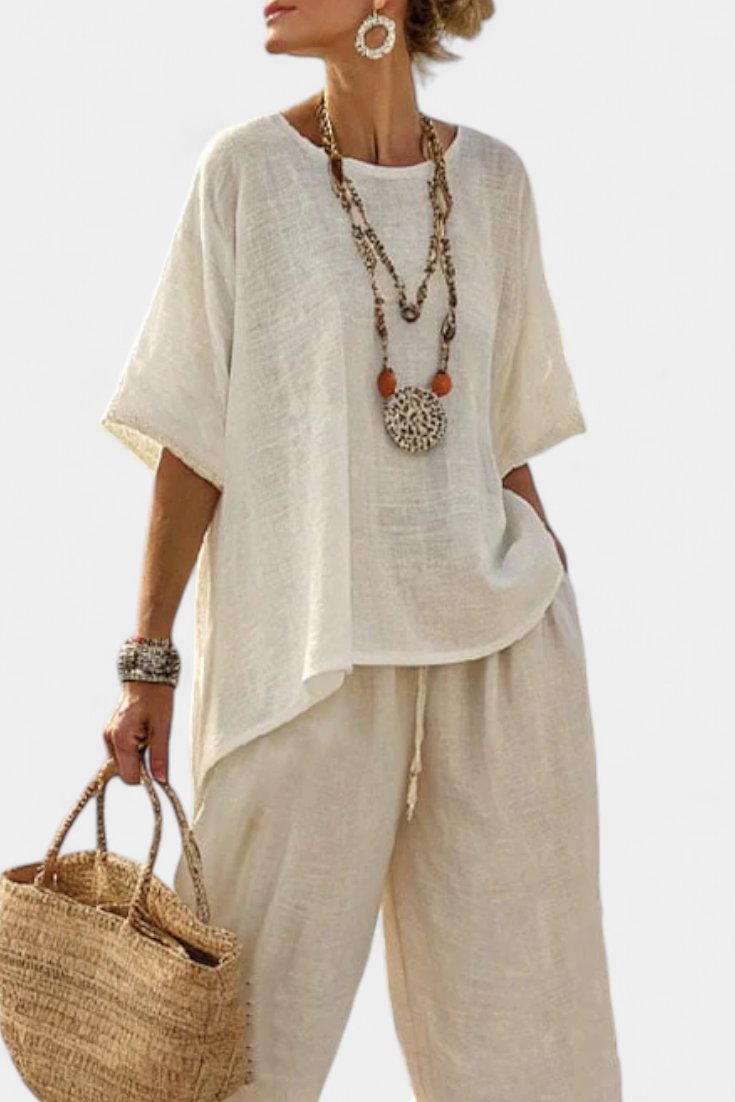 Lisa | Dames Linnen Asymmetrische Top Wijde Broek Twee-delige Set