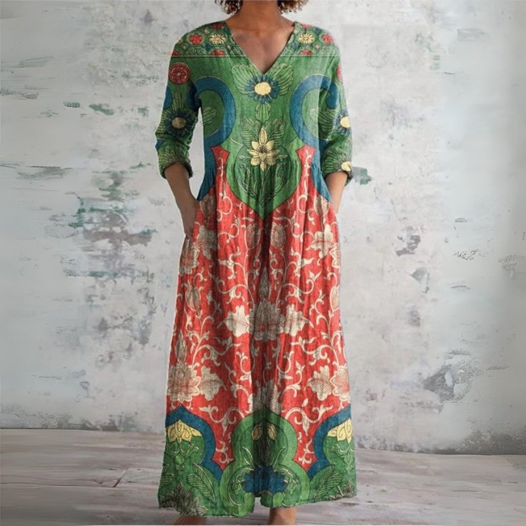 Emma | Dames Linnen Boho Etnische V-Hals Maxi Jurk