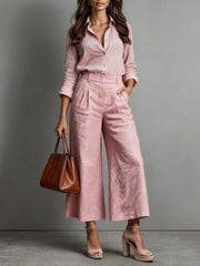 Sophie | Dames Linnen Co-ord Set Wijde Pijpen Broek Knoopsluiting Blouse