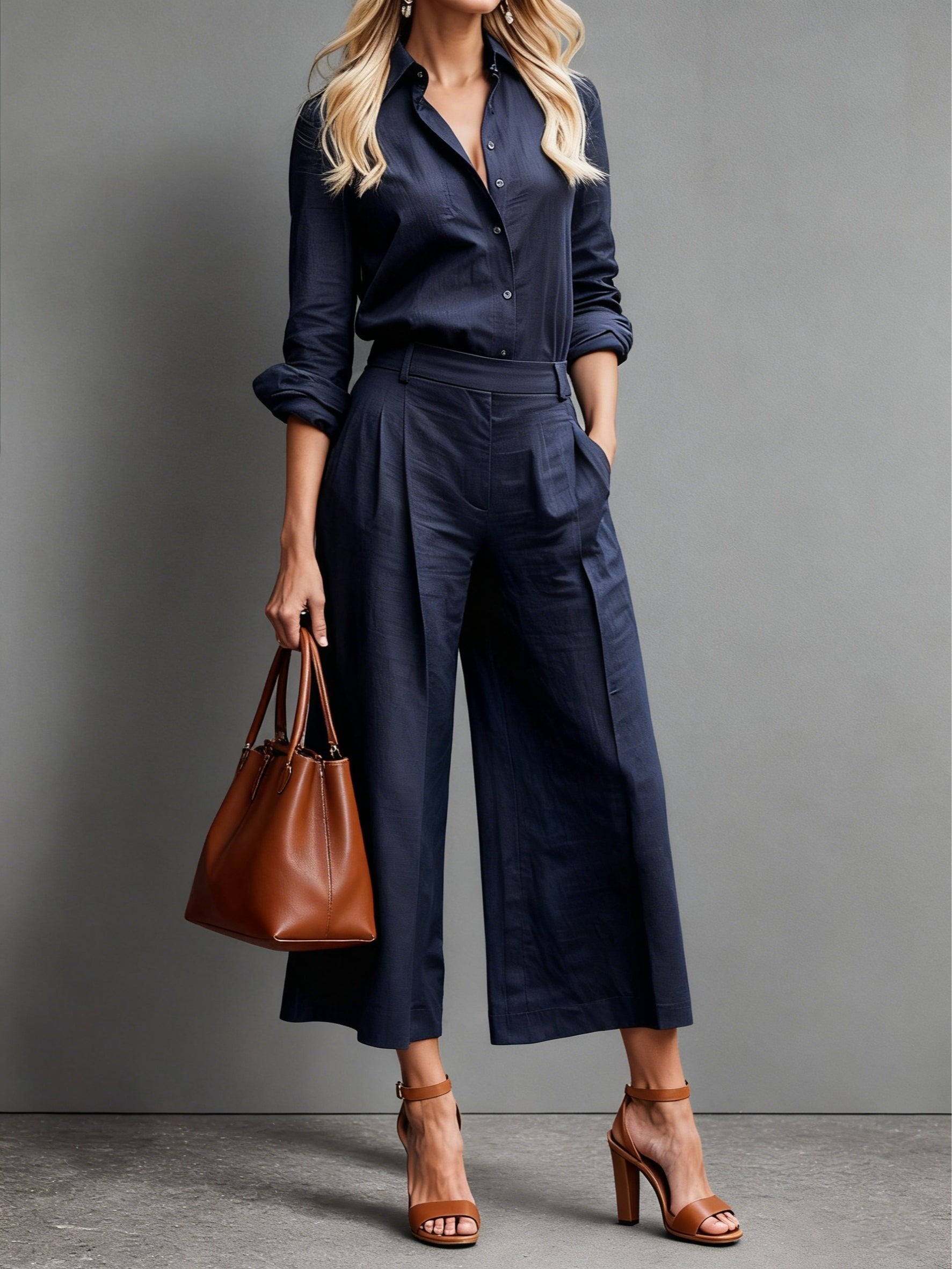 Sophie | Dames Linnen Co-ord Set Wijde Pijpen Broek Knoopsluiting Blouse