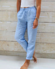 Nina | Dames Linnen Elastische Taille Trekkoord Rechte Broek