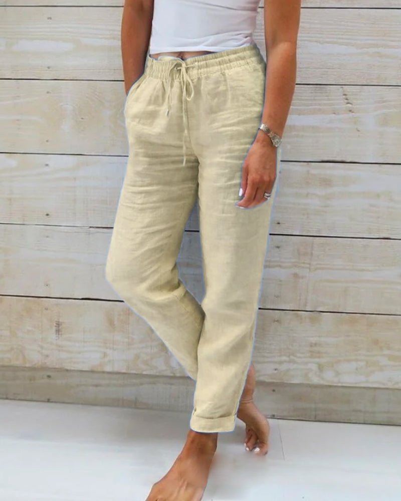 Nina | Dames Linnen Elastische Taille Trekkoord Rechte Broek
