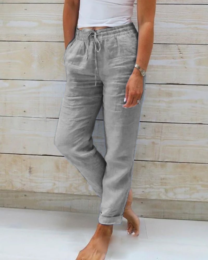 Nina | Dames Linnen Elastische Taille Trekkoord Rechte Broek