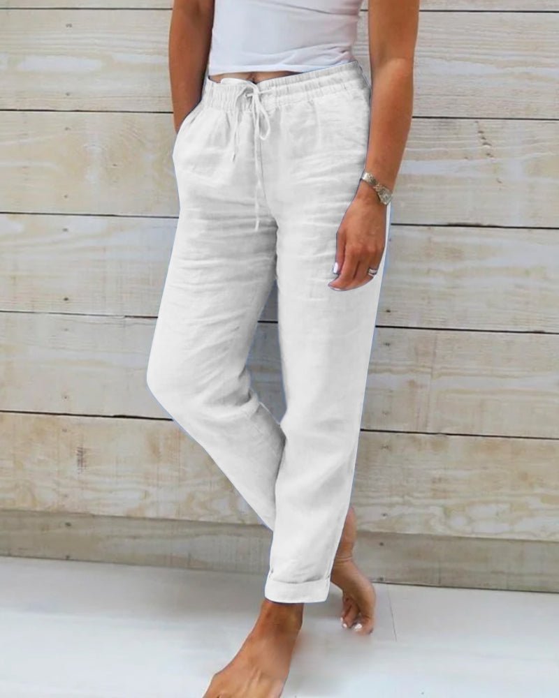 Nina | Dames Linnen Elastische Taille Trekkoord Rechte Broek