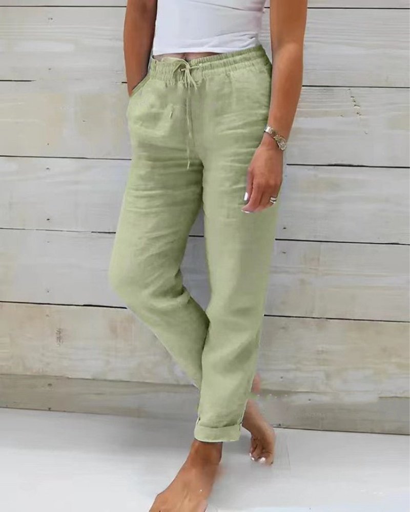 Nina | Dames Linnen Elastische Taille Trekkoord Rechte Broek