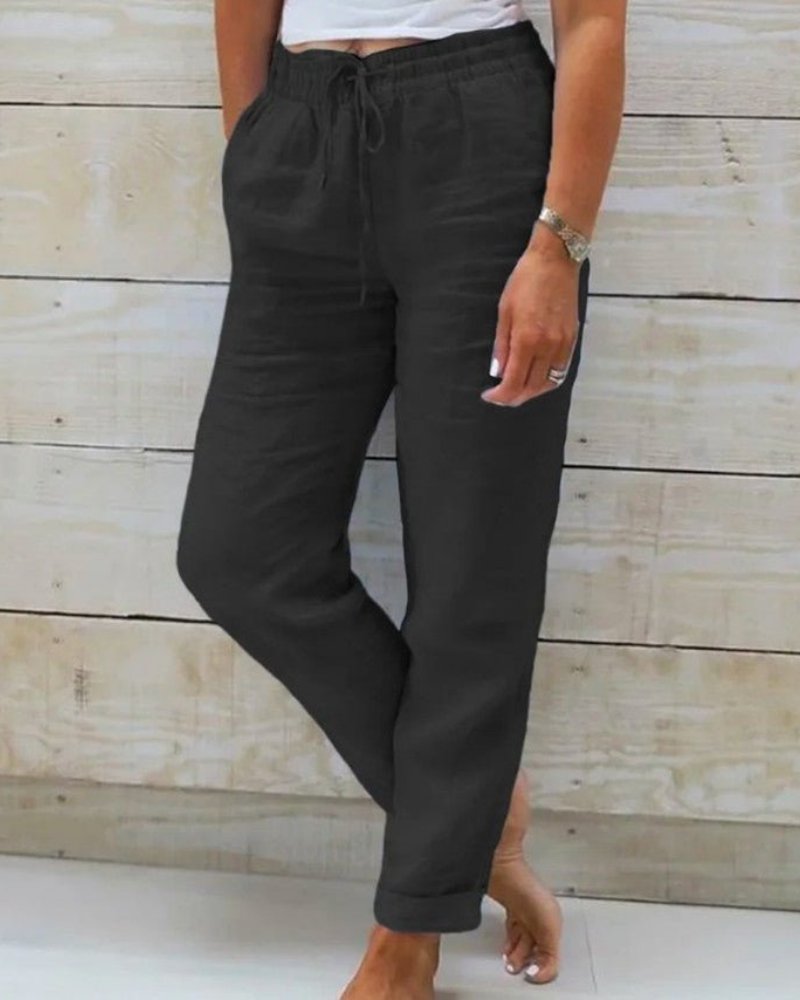 Nina | Dames Linnen Elastische Taille Trekkoord Rechte Broek