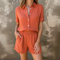 Sophie | Dames Linnen Korte Mouwen Shirt en Shorts Set
