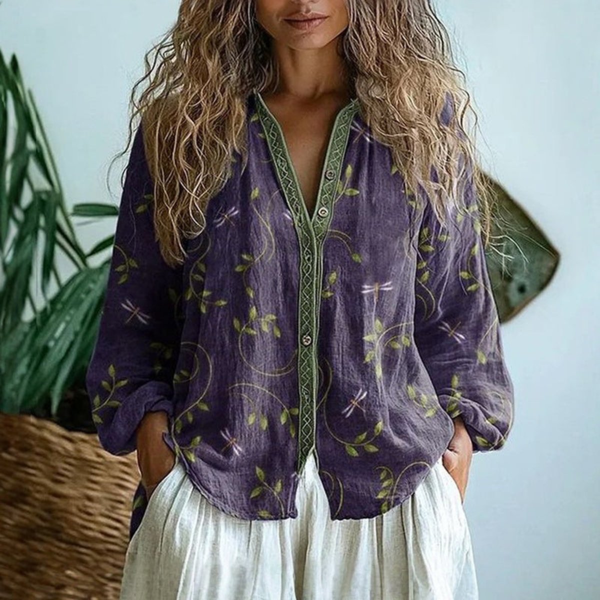 Anna | Dames Linnen Lange Mouw Bloemenprint Cardigan Blouse