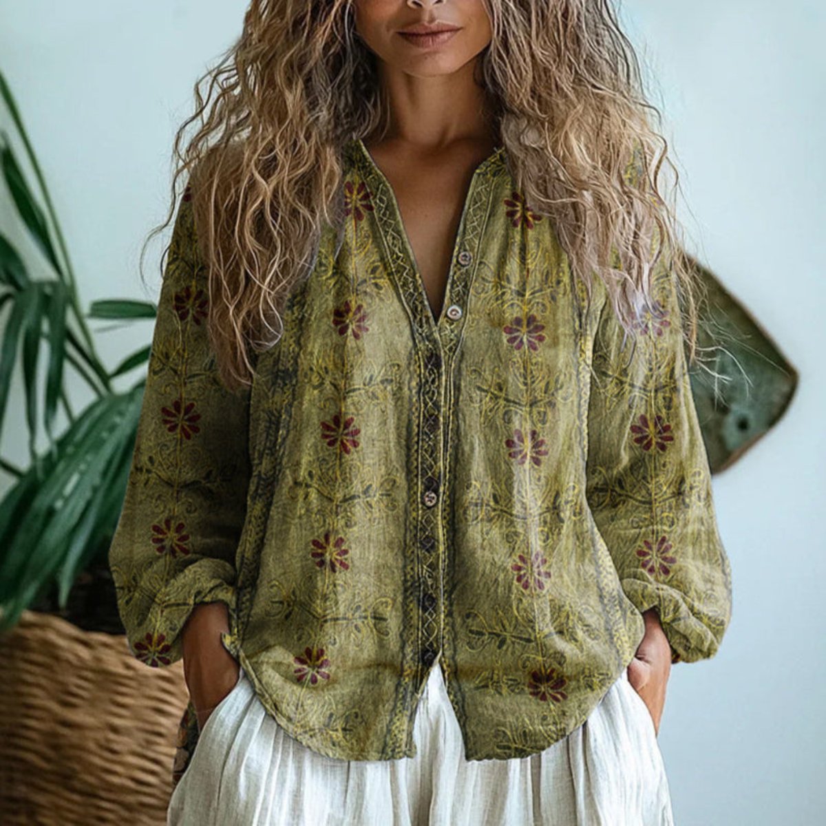 Anna | Dames Linnen Lange Mouw Bloemenprint Cardigan Blouse