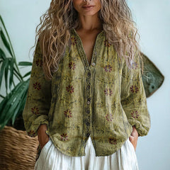 Anna | Dames Linnen Lange Mouw Bloemenprint Cardigan Blouse