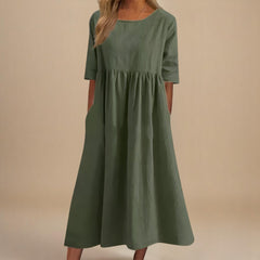 Roos | Dames Linnen Midi-jurk Halve Mouwen Empire Taille