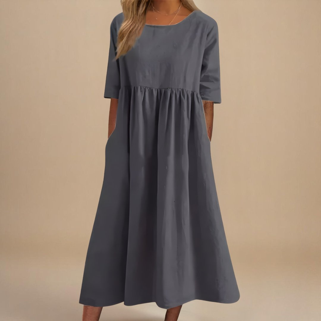 Roos | Dames Linnen Midi-jurk Halve Mouwen Empire Taille