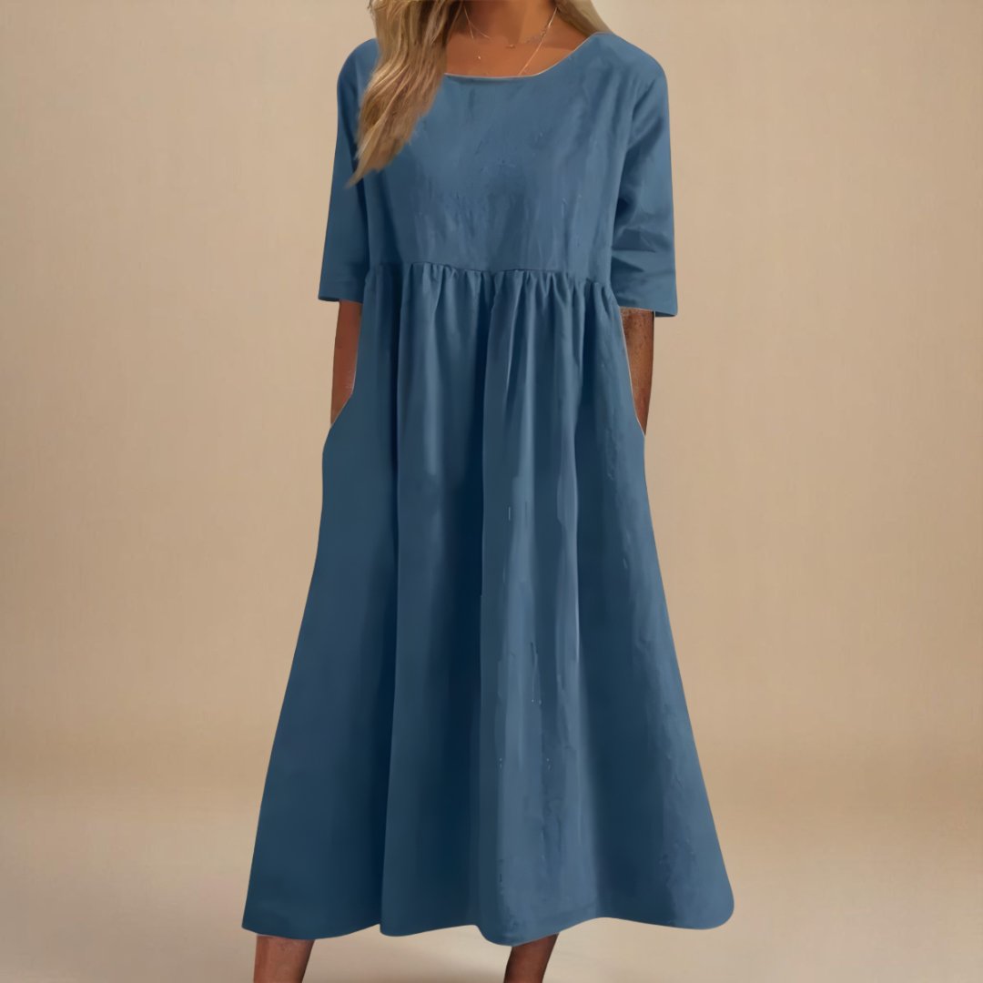 Roos | Dames Linnen Midi-jurk Halve Mouwen Empire Taille