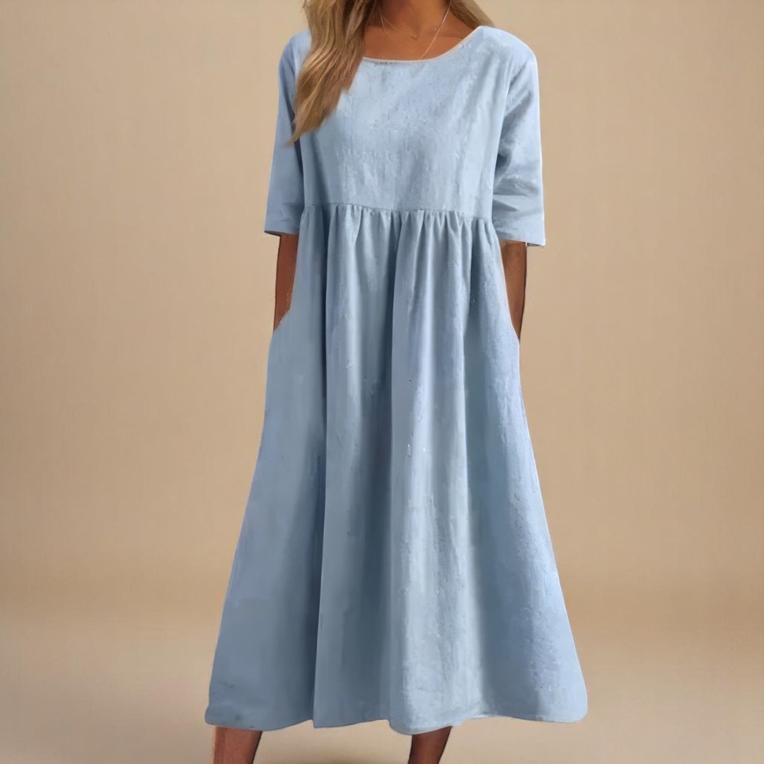 Roos | Dames Linnen Midi-jurk Halve Mouwen Empire Taille