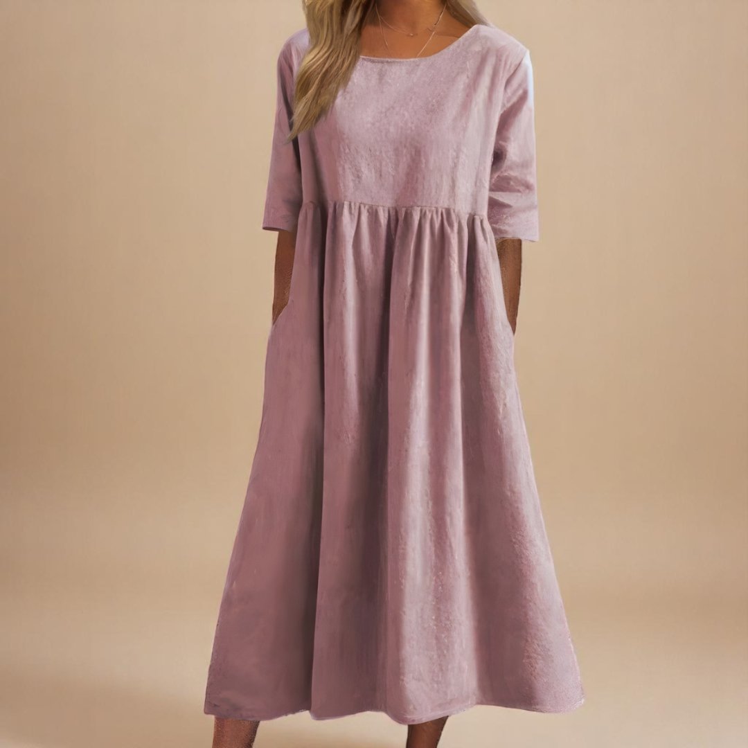 Roos | Dames Linnen Midi-jurk Halve Mouwen Empire Taille