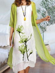 Julia | Dames Linnen Mouwloze Midi Jurk met Chiffon Vest Set