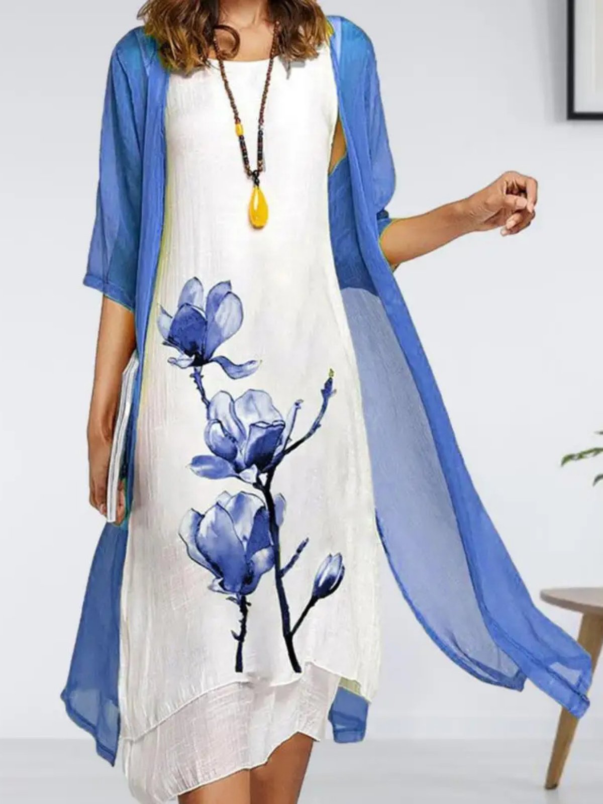 Julia | Dames Linnen Mouwloze Midi Jurk met Chiffon Vest Set