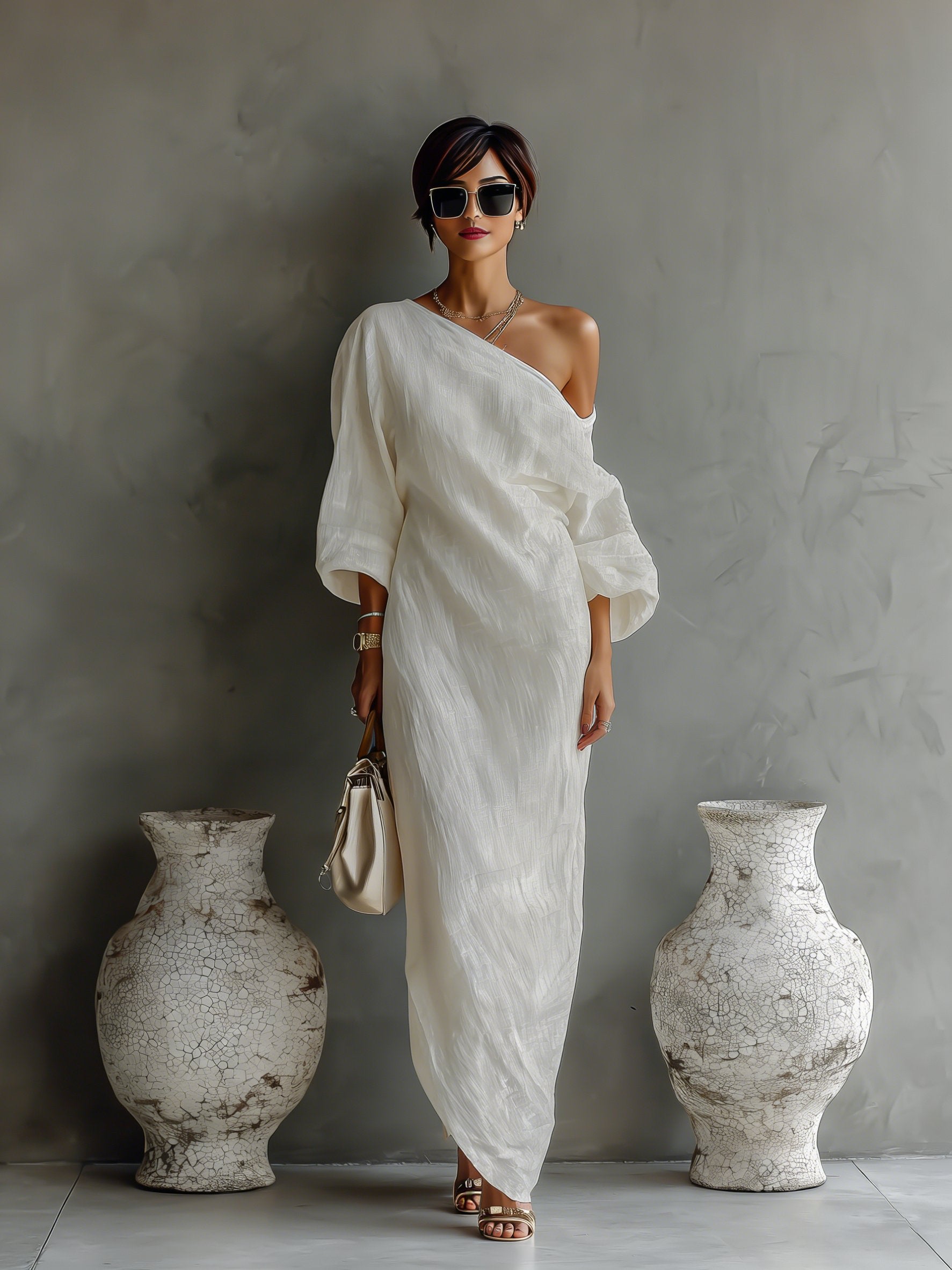 Lisa | Dames Linnen One-Shoulder Maxi Jurk